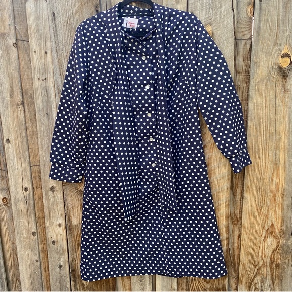 Vintage blue and white polka dot dress, long sleeve, bow at neck, buttons, M/L - Picture 10 of 13